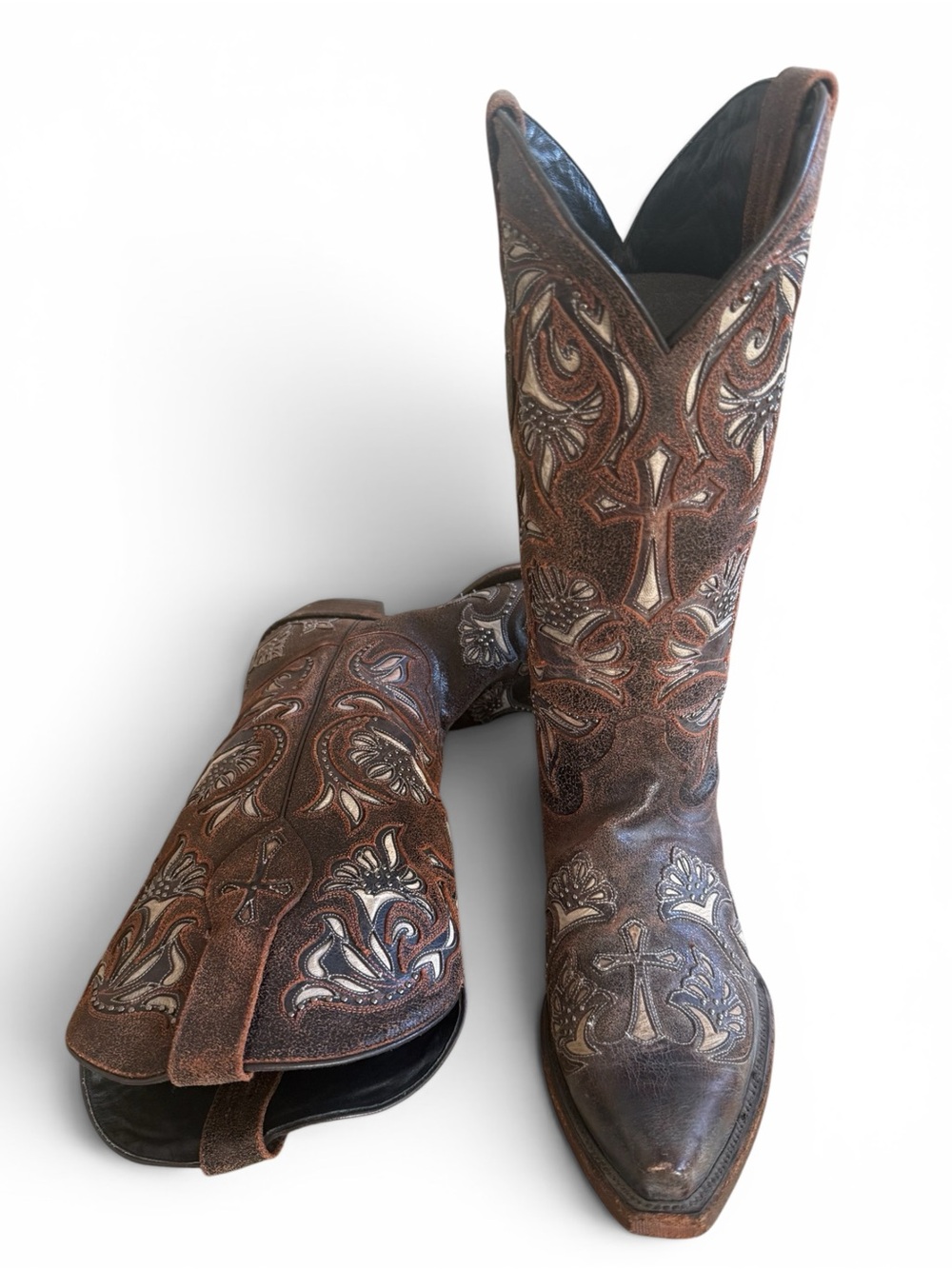 Black Star Boots “Trinity” Brown Leather Western Boots with Inlay - Picture 2 of 4